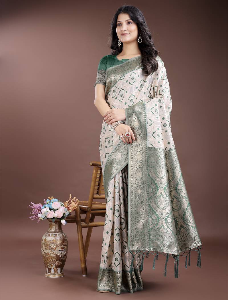 green color woven work linen cotton saree