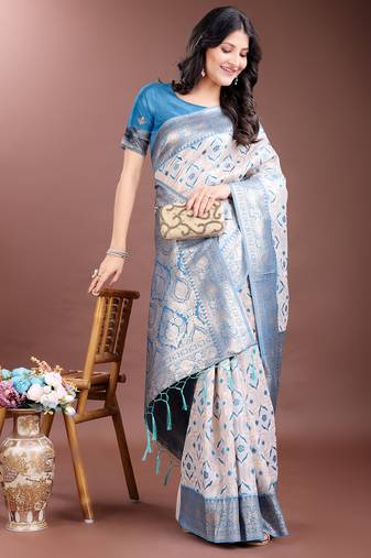 sky blue color woven work linen cotton saree