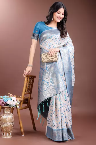 sky blue color woven work linen cotton saree