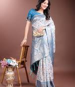 sky blue color woven work linen cotton saree