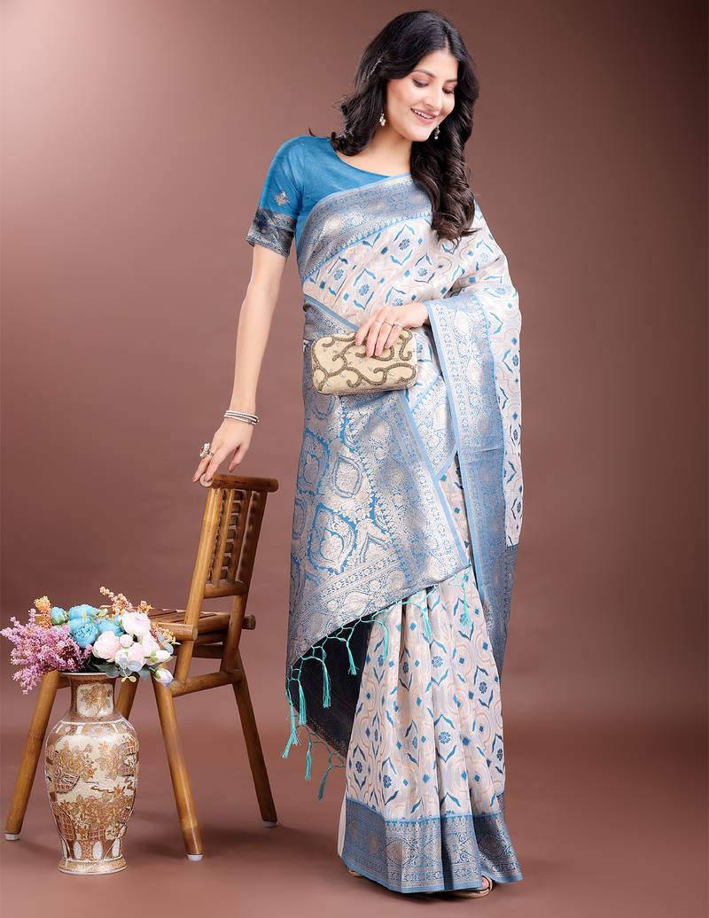 sky blue color woven work linen cotton saree