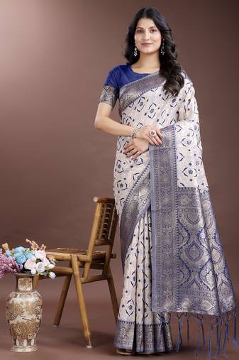 navy blue color woven work linen cotton saree