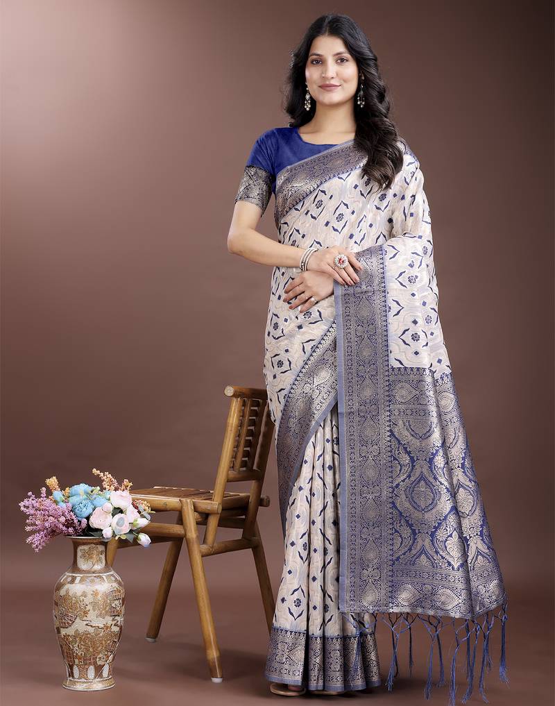 navy blue color woven work linen cotton saree