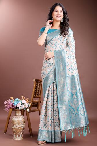 Blue color woven work linen cotton saree