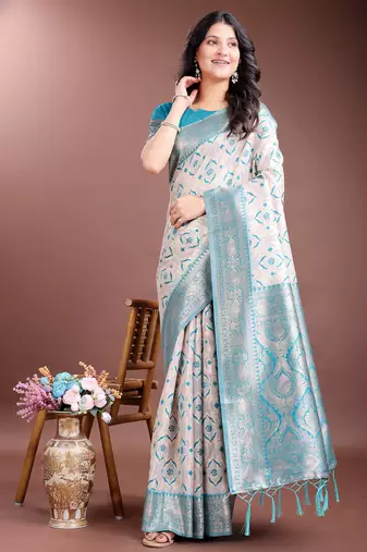 Blue color woven work linen cotton saree