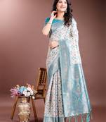 Blue color woven work linen cotton saree