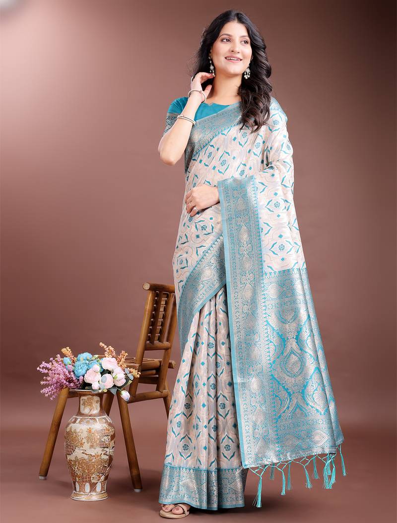 Blue color woven work linen cotton saree