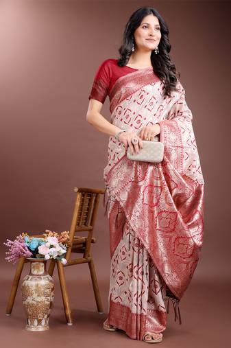 red color woven work linen cotton saree