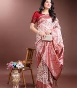 red color woven work linen cotton saree