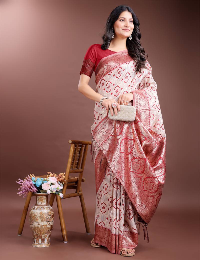 red color woven work linen cotton saree
