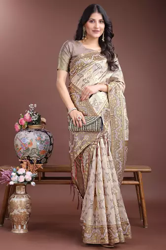 Brown color woven work linen cotton saree
