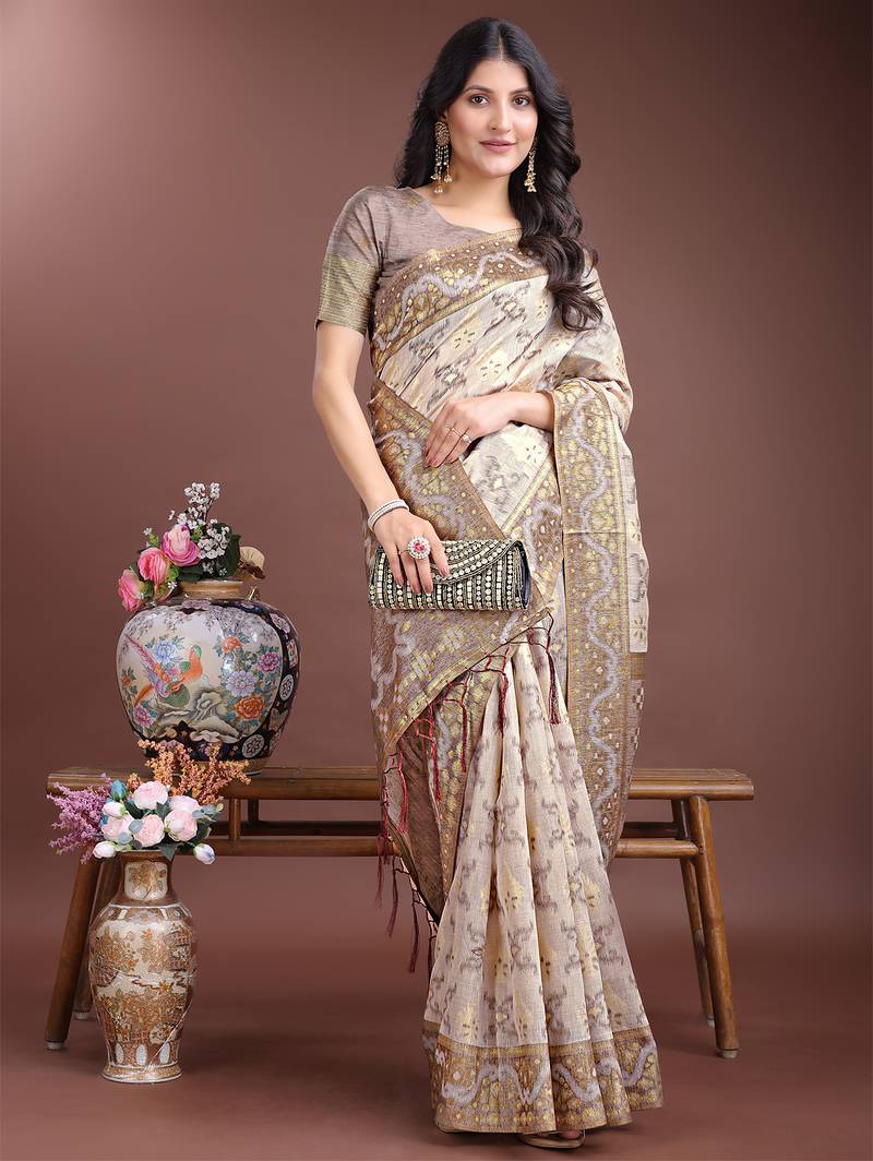 Brown color woven work linen cotton saree