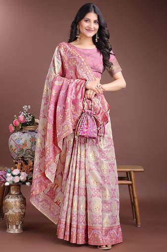 Pink color woven work linen cotton saree