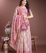 Pink color woven work linen cotton saree