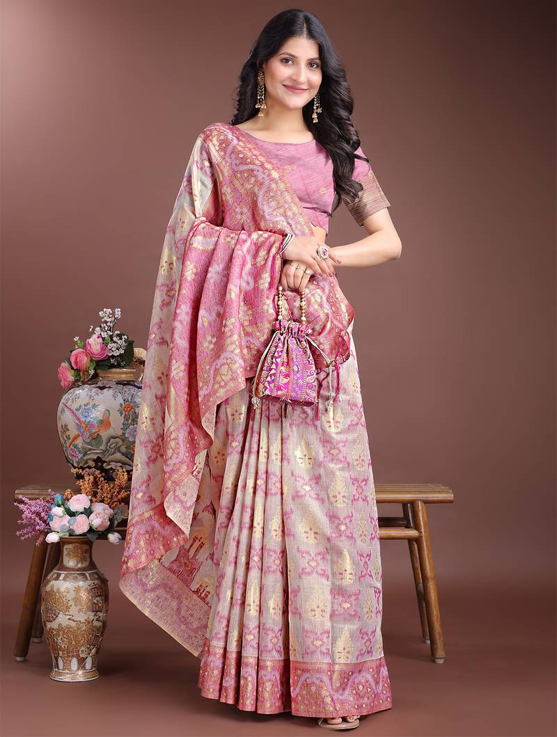 Pink color woven work linen cotton saree