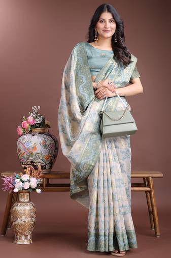Sea Green color woven work linen cotton saree