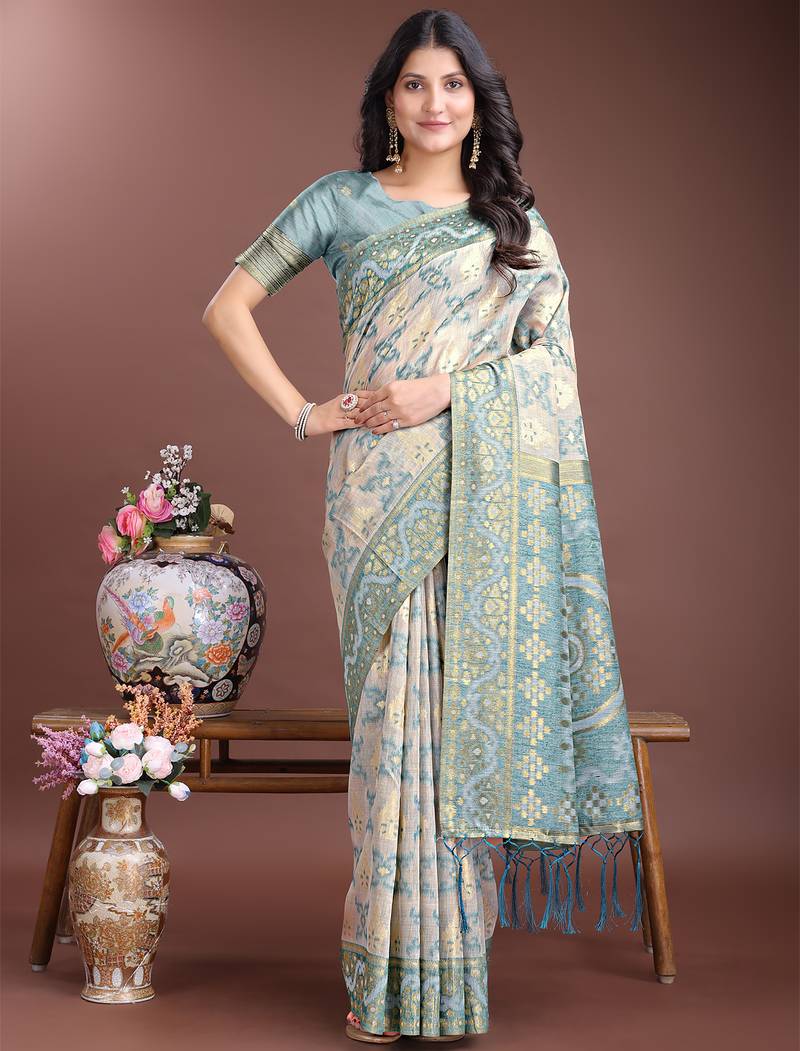 Sea Green color woven work linen cotton saree