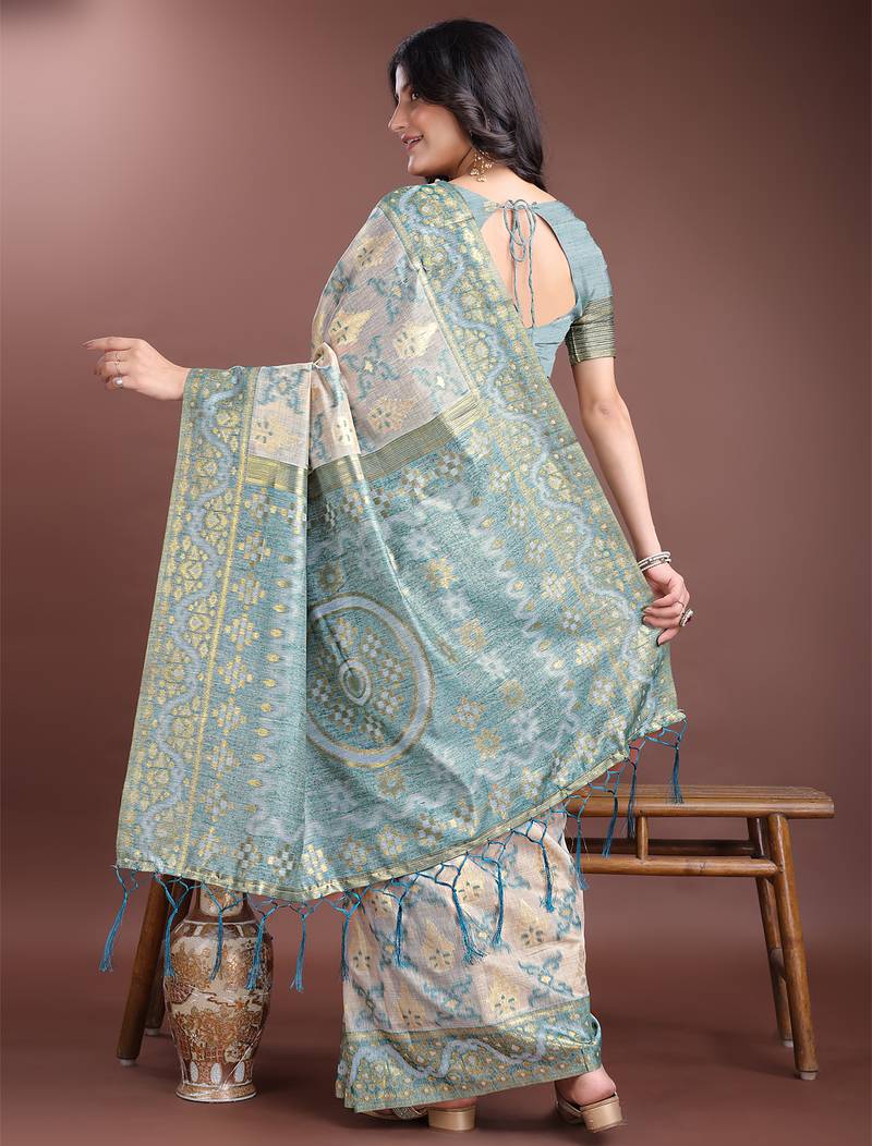 Sea Green color woven work linen cotton saree