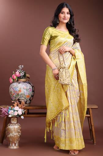 Lemon color woven work linen cotton saree