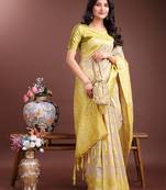 Lemon color woven work linen cotton saree