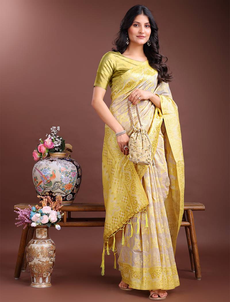 Lemon color woven work linen cotton saree