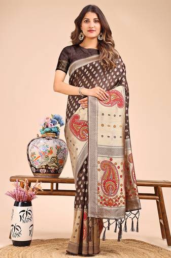 brown color woven zari weaves linen cotton saree
