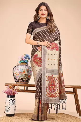 brown color woven zari weaves linen cotton saree