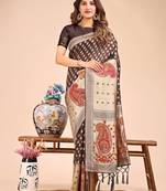 brown color woven zari weaves linen cotton saree