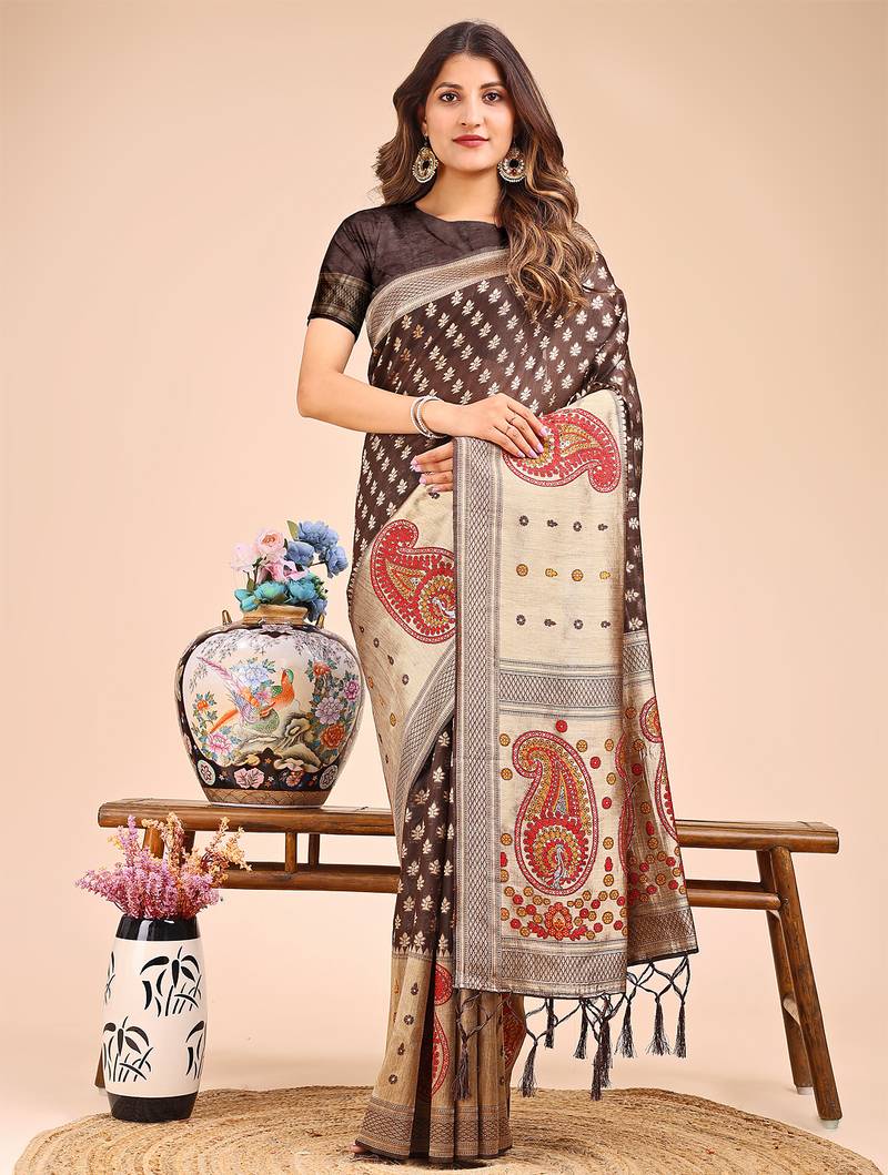 brown color woven zari weaves linen cotton saree