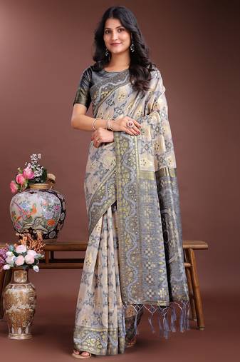 Grey color woven work linen cotton saree