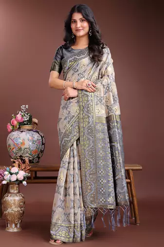 Grey color woven work linen cotton saree