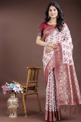 maroon color woven work linen cotton saree
