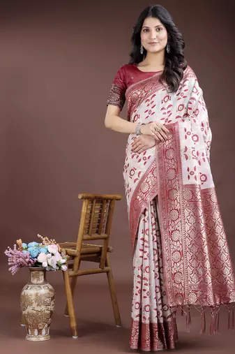 maroon color woven work linen cotton saree