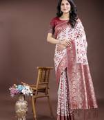 maroon color woven work linen cotton saree