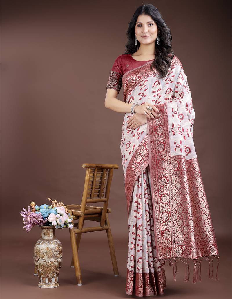 maroon color woven work linen cotton saree