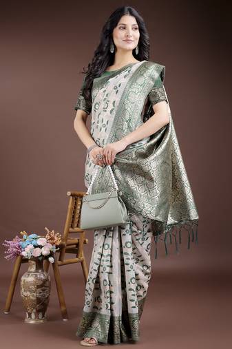 green color woven work linen cotton saree