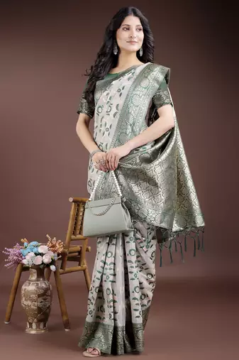 green color woven work linen cotton saree
