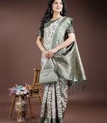 green color woven work linen cotton saree