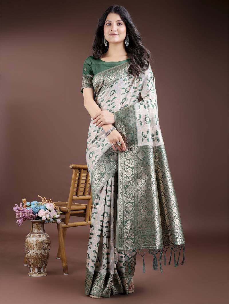 green color woven work linen cotton saree