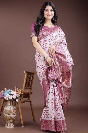 Pink color woven work linen cotton saree