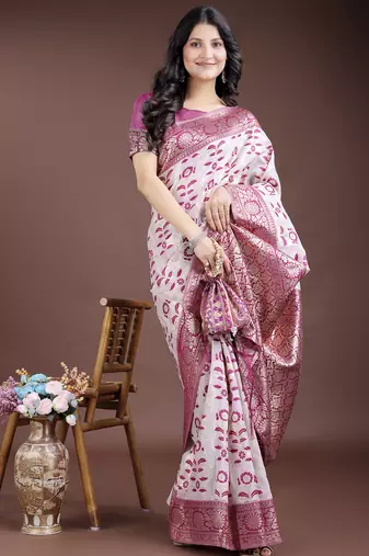 Pink color woven work linen cotton saree