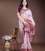 Pink color woven work linen cotton saree