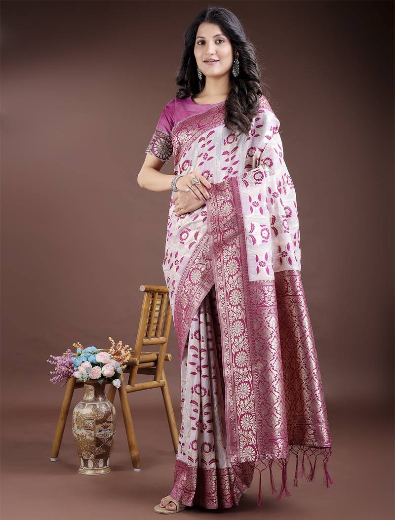 Pink color woven work linen cotton saree
