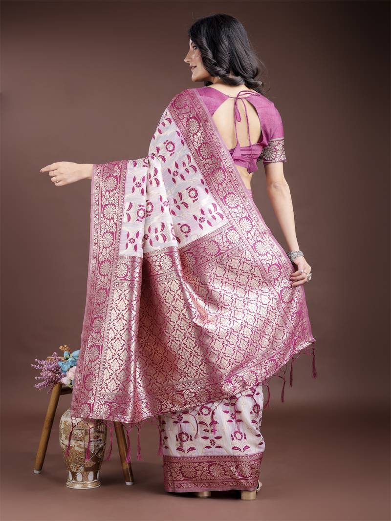 Pink color woven work linen cotton saree