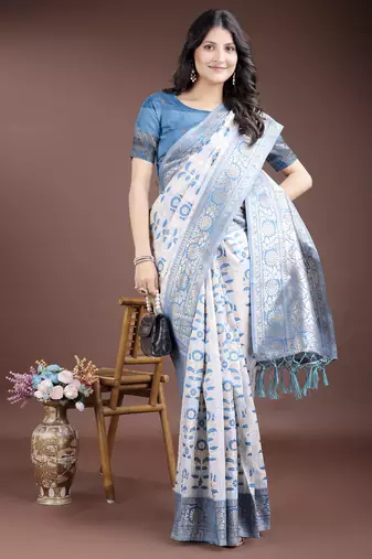 sky blue color woven work linen cotton saree