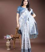 sky blue color woven work linen cotton saree