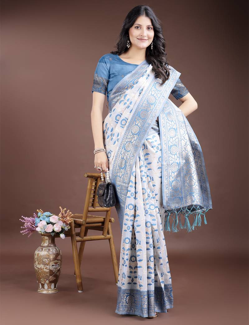 sky blue color woven work linen cotton saree