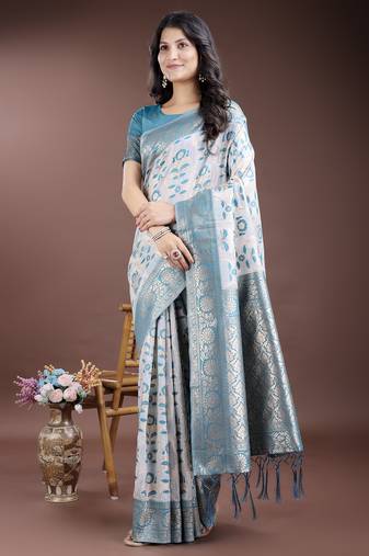sea green color woven work linen cotton saree