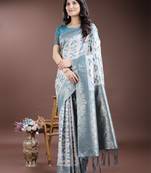 sea green color woven work linen cotton saree