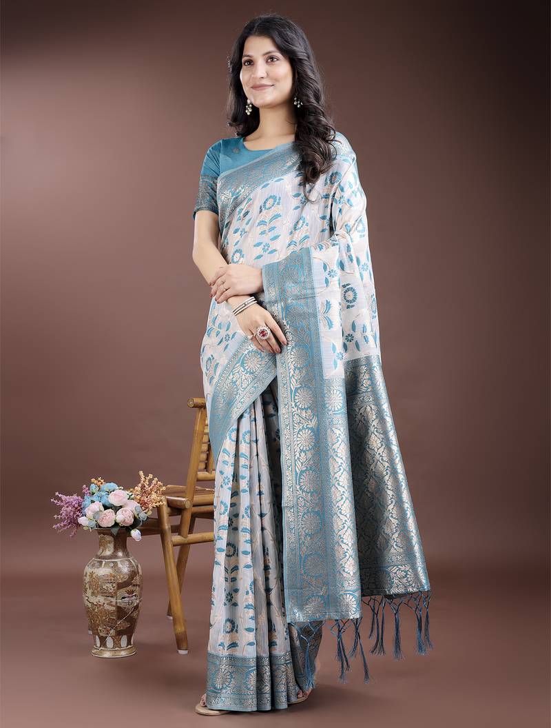 sea green color woven work linen cotton saree